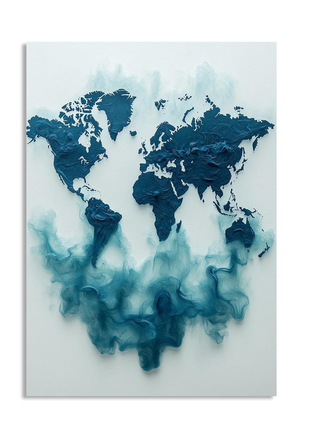 World map art piece with blue and white abstract design on a white background, as a premium aluminum metal print from GoMetalPrint.
