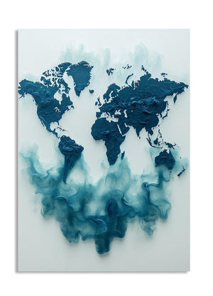 World map art piece with blue and white abstract design on a white background, as a premium aluminum metal print from GoMetalPrint.
