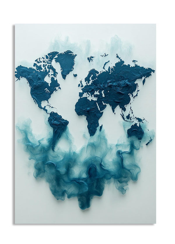 World map art piece with blue and white abstract design on a white background, as a premium aluminum metal print from GoMetalPrint.
