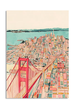Illustration of a cityscape with a red bridge, resembling the Golden Gate Bridge, on a beige background, as a premium aluminum metal print from GoMetalPrint.
