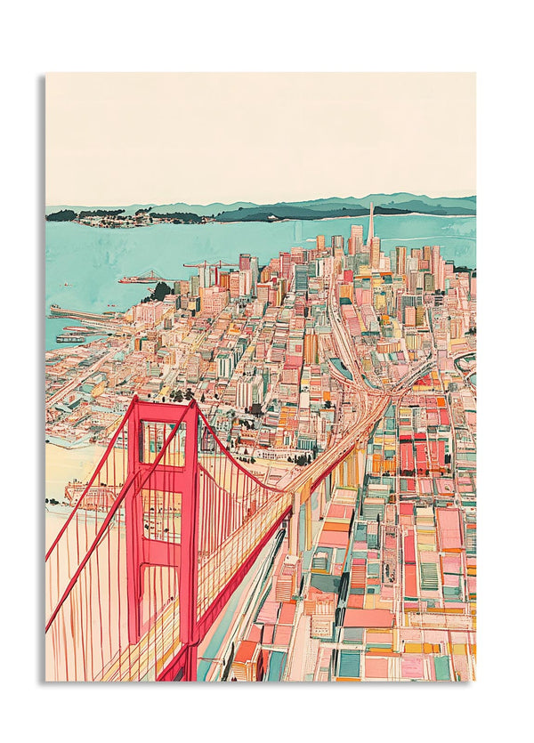 Illustration of a cityscape with a red bridge, resembling the Golden Gate Bridge, on a beige background, as a premium aluminum metal print from GoMetalPrint.
