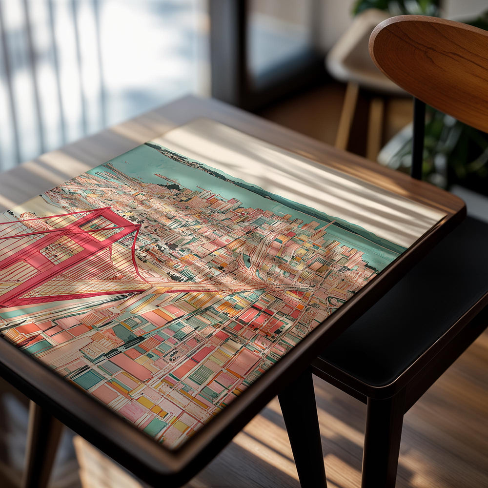 Illustration of a cityscape with a red bridge, resembling the Golden Gate Bridge, on a beige background, as a premium aluminum metal print from GoMetalPrint.
