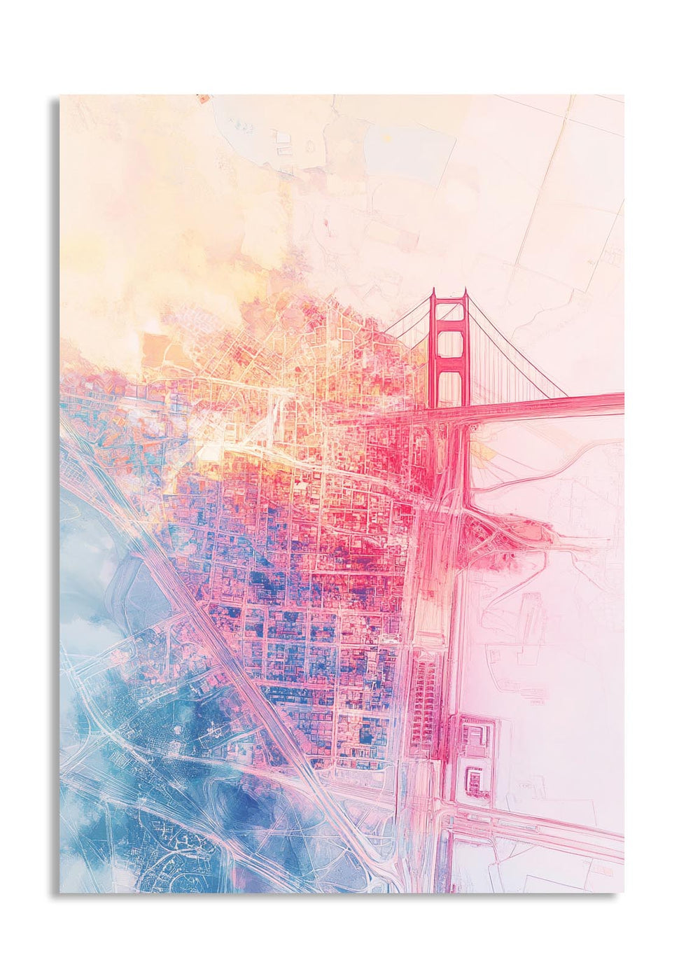 Abstract cityscape with a bridge in pastel colors on a light background, as a premium aluminum metal print from GoMetalPrint.
