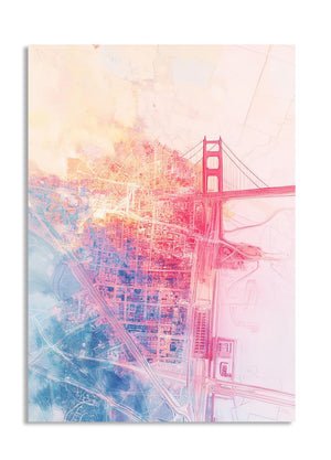 Abstract cityscape with a bridge in pastel colors on a light background, as a premium aluminum metal print from GoMetalPrint.
