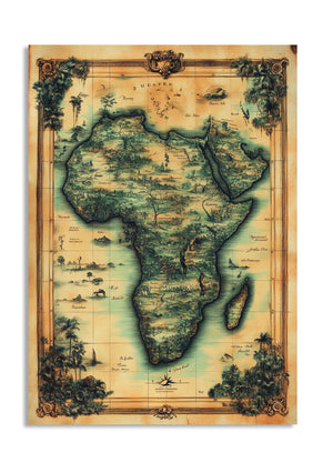 Vintage-style map of Africa with decorative elements on a white background, as a premium aluminum metal print from GoMetalPrint.

