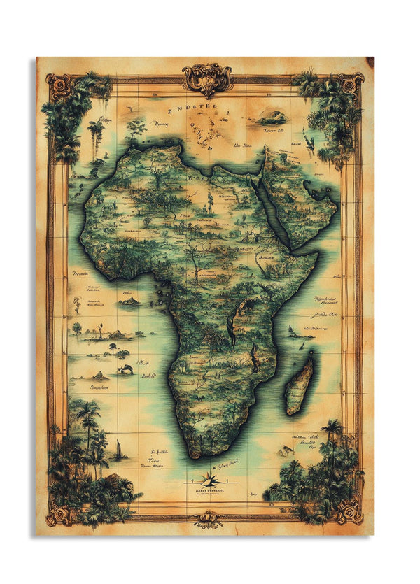 Vintage-style map of Africa with decorative elements on a white background, as a premium aluminum metal print from GoMetalPrint.
