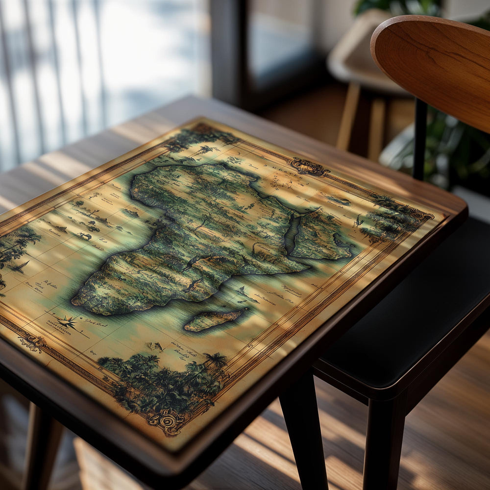 Vintage-style map of Africa with decorative elements on a white background, as a premium aluminum metal print from GoMetalPrint.
