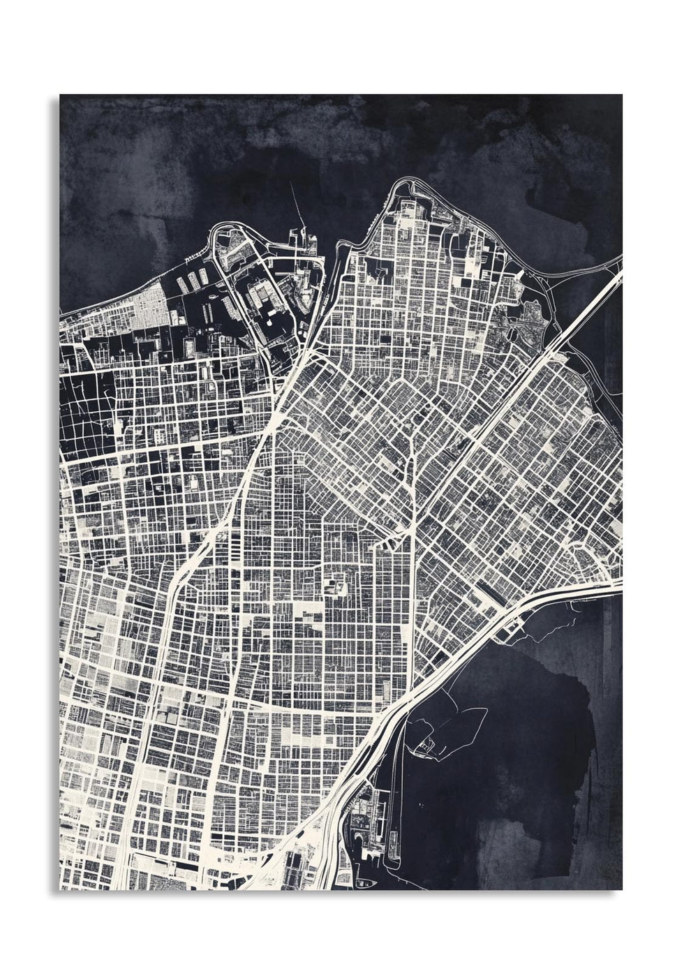City map poster with a black and white design on a dark background, as a premium aluminum metal print from GoMetalPrint.
