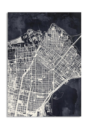 City map poster with a black and white design on a dark background, as a premium aluminum metal print from GoMetalPrint.

