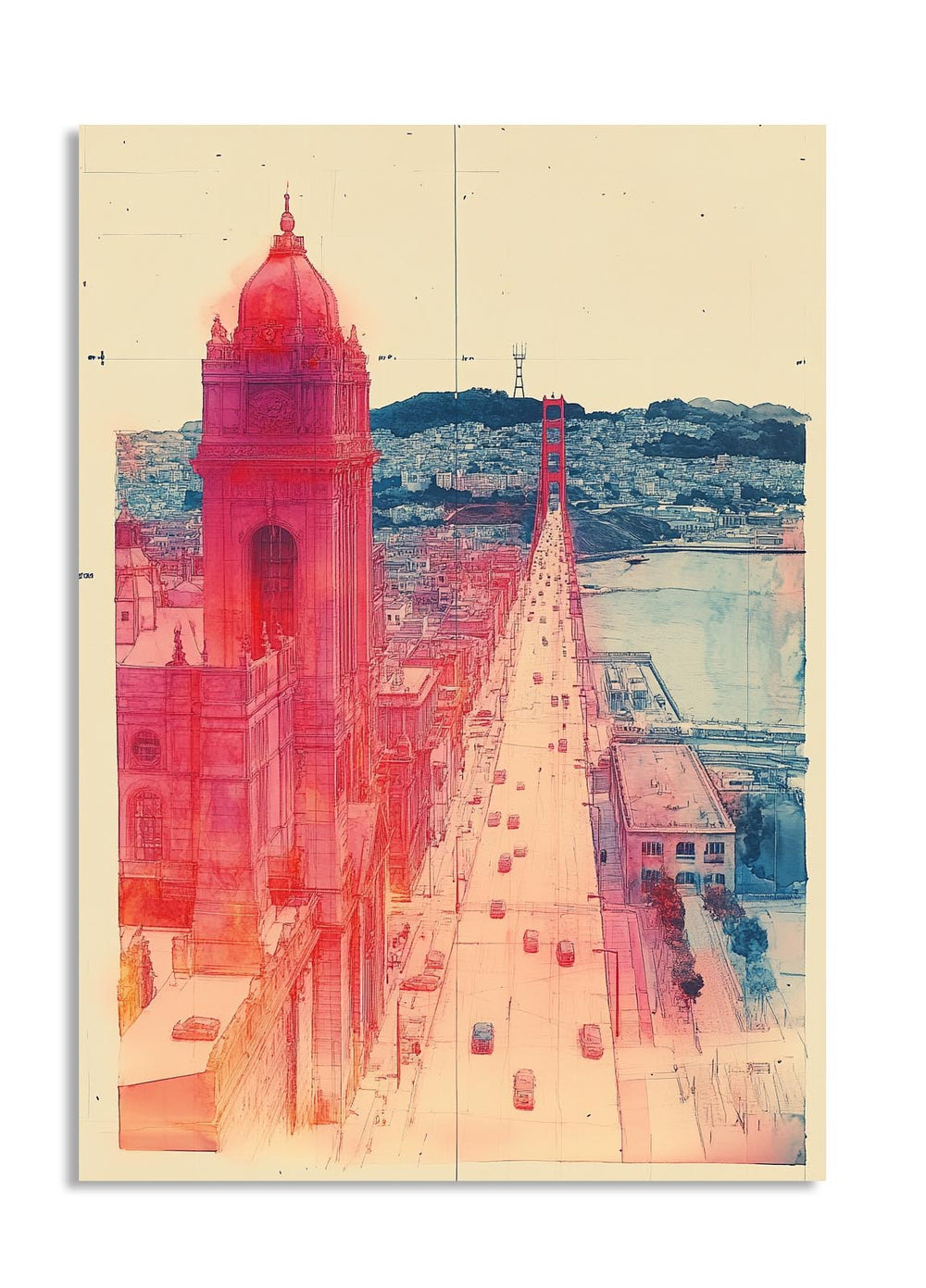 Artistic depiction of a cityscape with a prominent building and road, using red and blue filters, as a premium aluminum metal print from GoMetalPrint.
