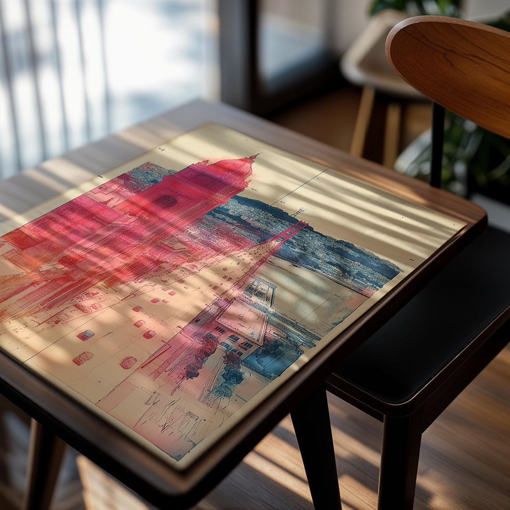 Artistic depiction of a cityscape with a prominent building and road, using red and blue filters, as a premium aluminum metal print from GoMetalPrint.
