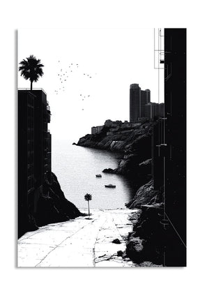 Black and white illustration of a coastal scene with buildings and palm trees, as a premium aluminum metal print from GoMetalPrint.

