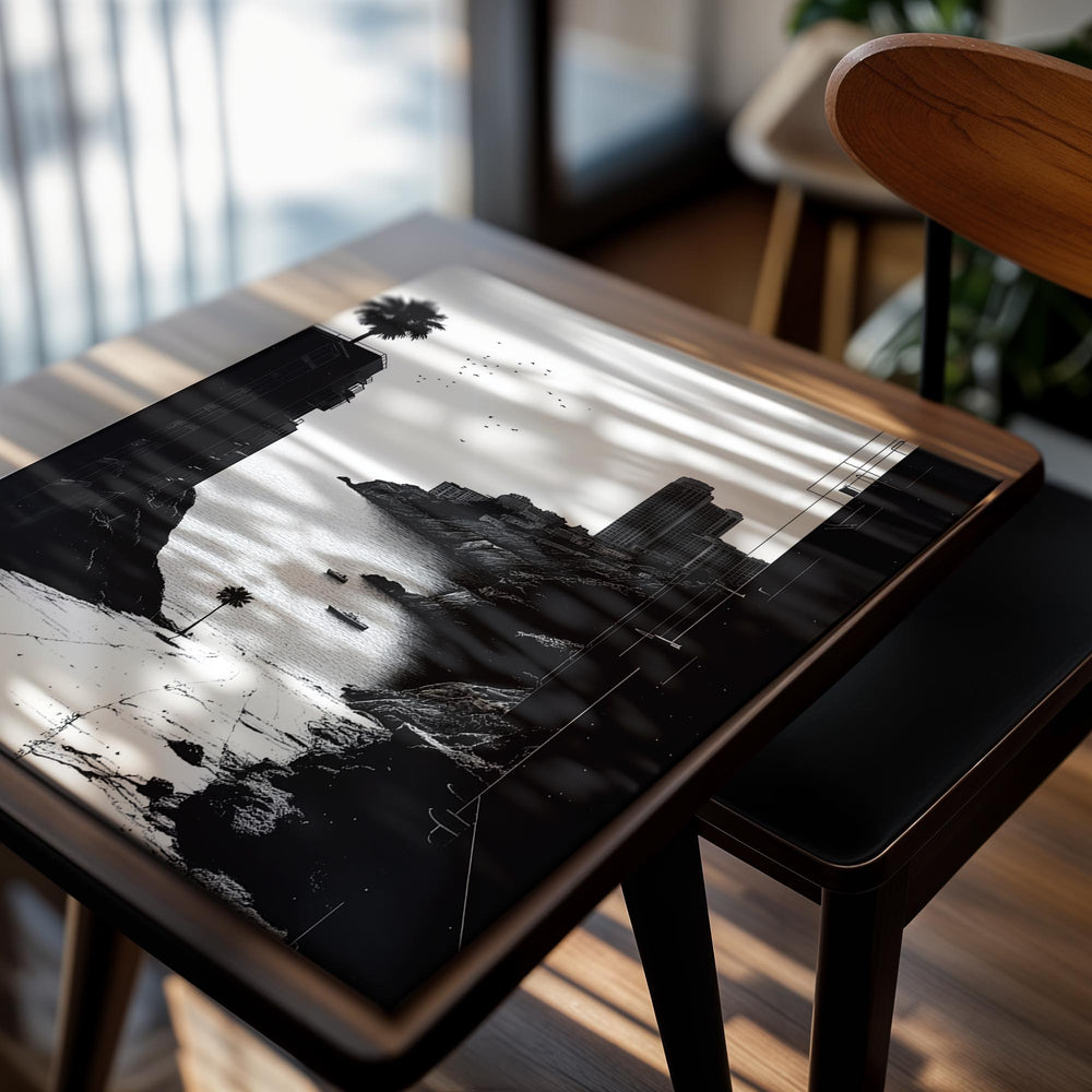 Black and white illustration of a coastal scene with buildings and palm trees, as a premium aluminum metal print from GoMetalPrint.
