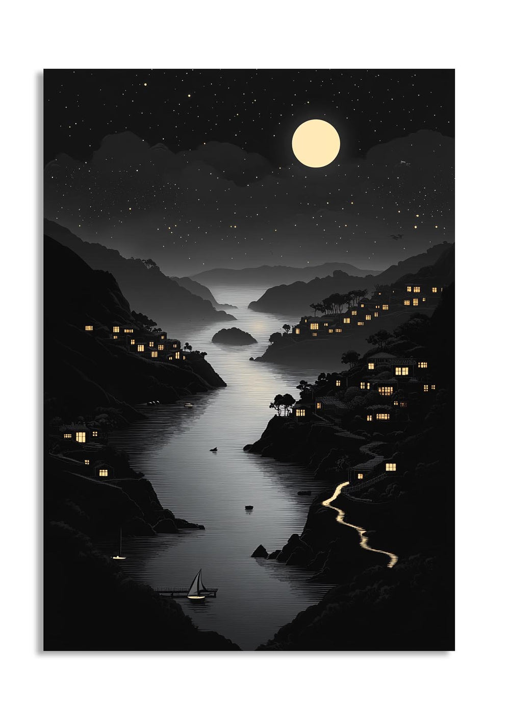 Silhouette of a coastal town at night with a full moon and stars, as a premium aluminum metal print from GoMetalPrint.
