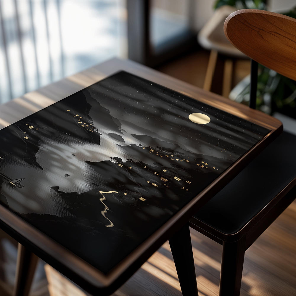 Silhouette of a coastal town at night with a full moon and stars, as a premium aluminum metal print from GoMetalPrint.
