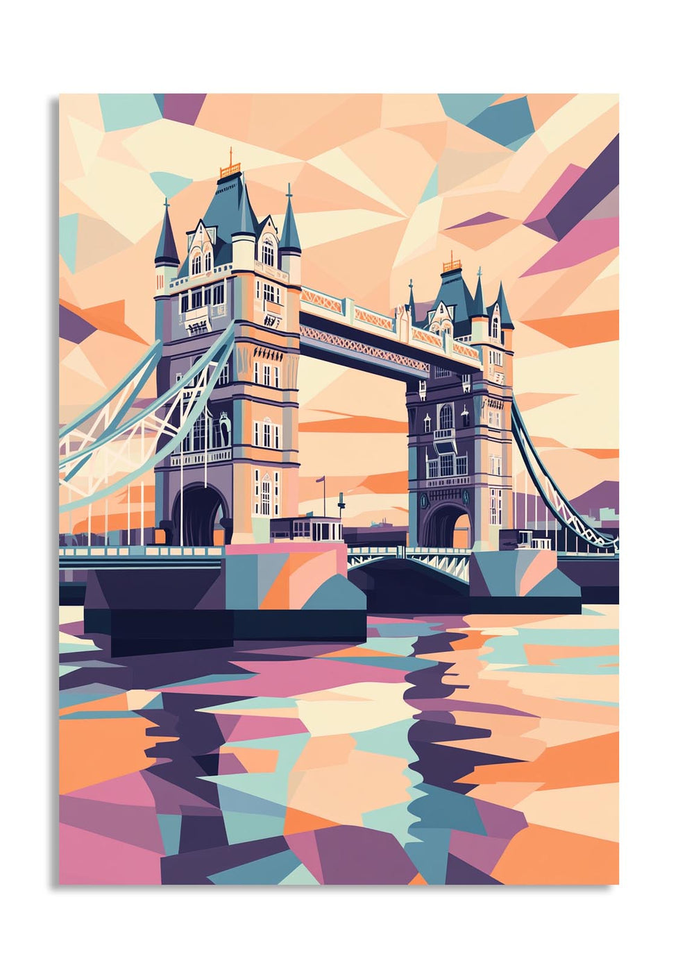 Colorful illustration of Tower Bridge with geometric patterns, as a premium aluminum metal print from GoMetalPrint.
