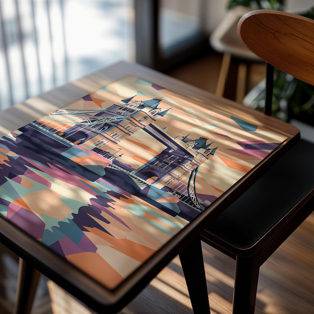 Colorful illustration of Tower Bridge with geometric patterns, as a premium aluminum metal print from GoMetalPrint.
