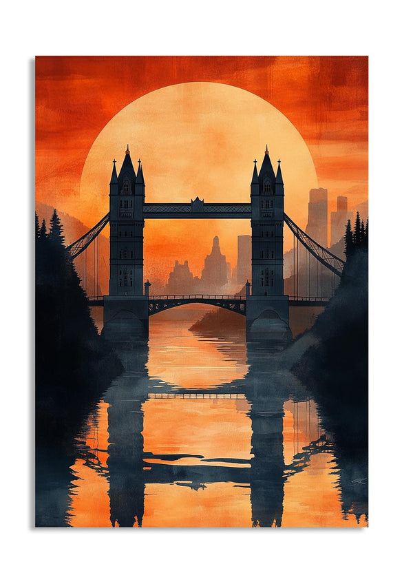 Artistic depiction of a bridge with a large orange sun in the background, as a premium aluminum metal print from GoMetalPrint.
