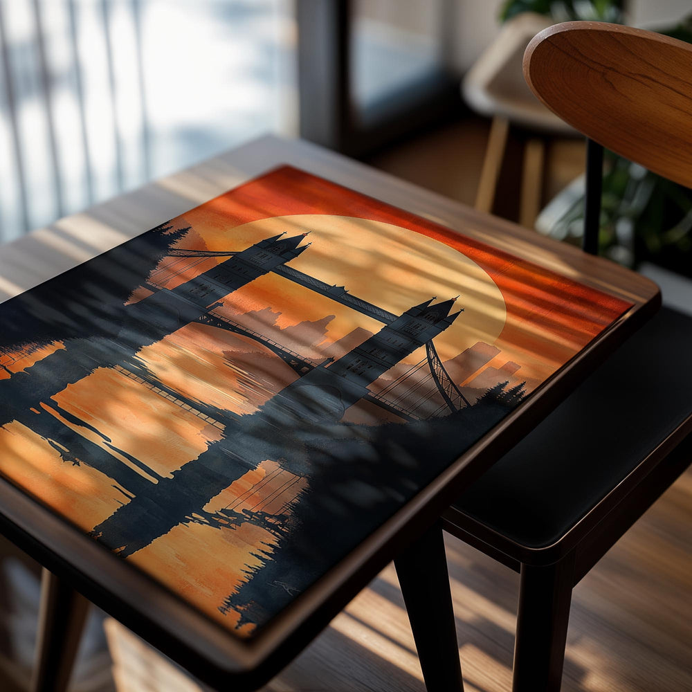 Artistic depiction of a bridge with a large orange sun in the background, as a premium aluminum metal print from GoMetalPrint.
