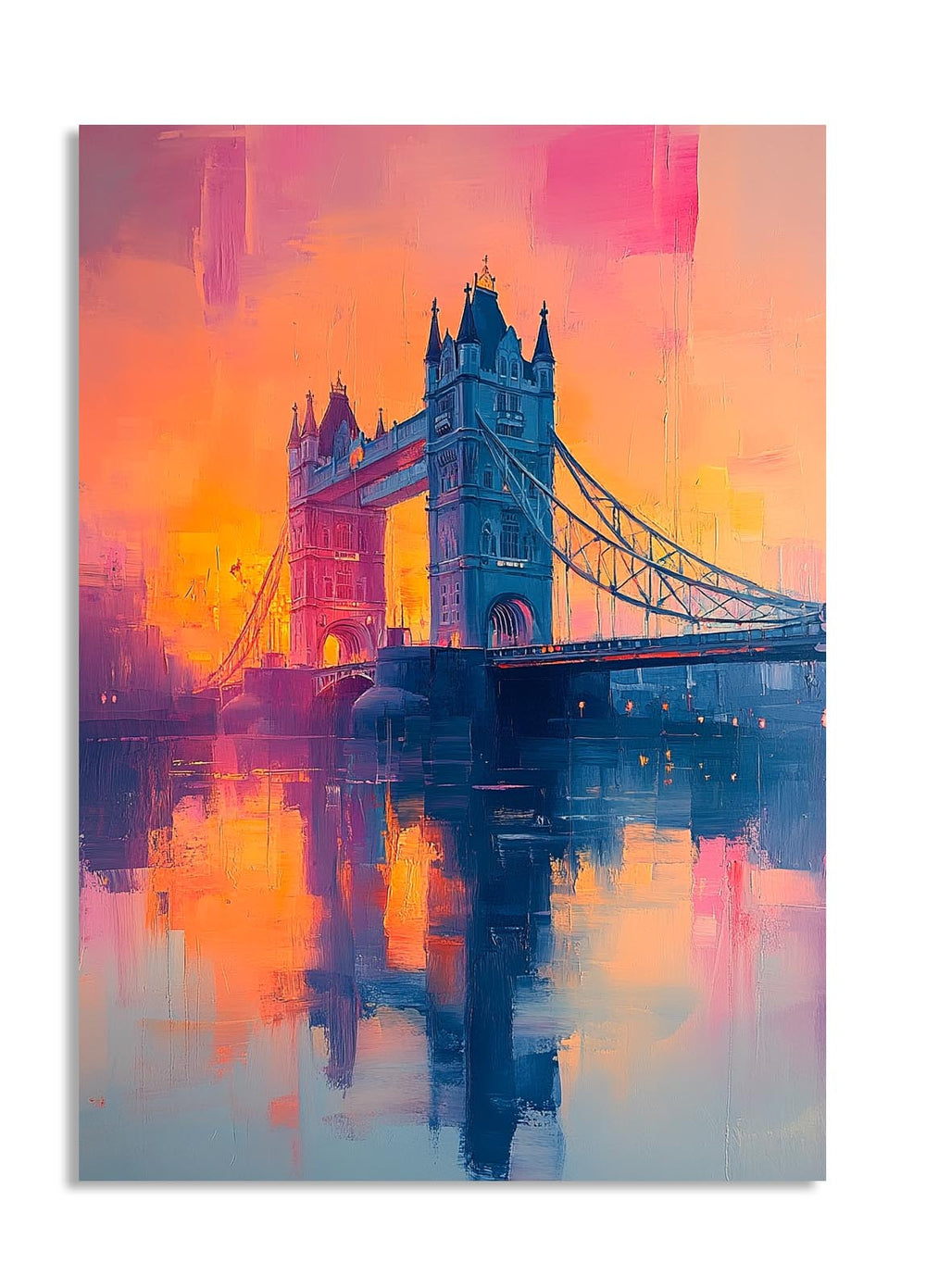 Colorful painting of Tower Bridge with a vibrant sunset reflection on the water, as a premium aluminum metal print from GoMetalPrint.

