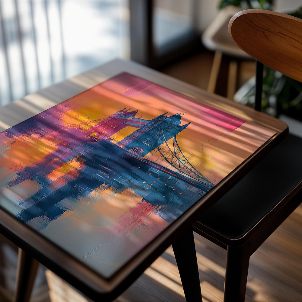 Colorful painting of Tower Bridge with a vibrant sunset reflection on the water, as a premium aluminum metal print from GoMetalPrint.
