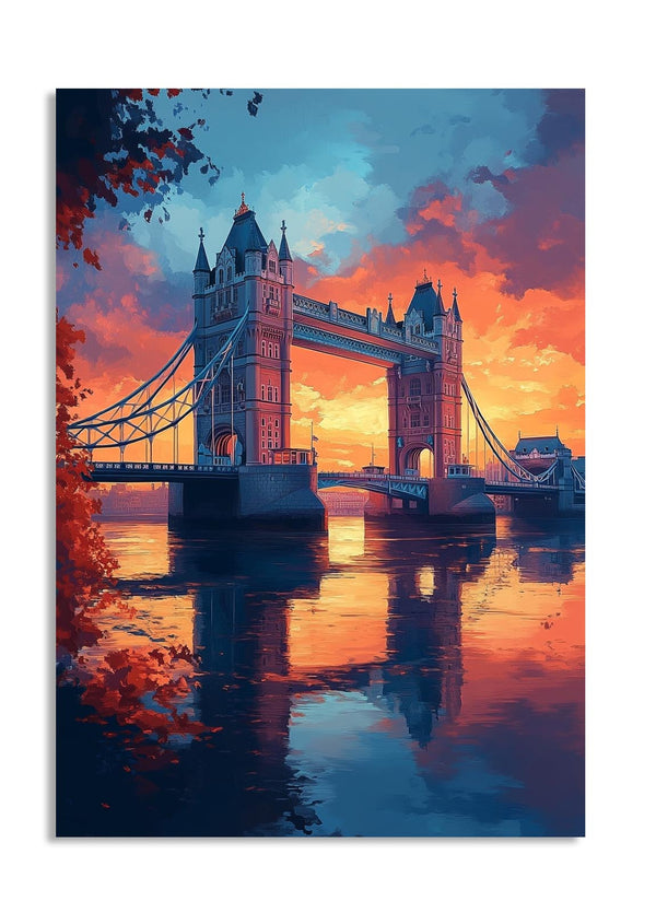 Framed artwork of Tower Bridge at sunset with a colorful sky, as a premium aluminum metal print from GoMetalPrint.
