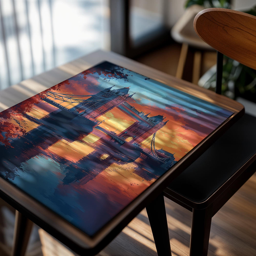 Framed artwork of Tower Bridge at sunset with a colorful sky, as a premium aluminum metal print from GoMetalPrint.
