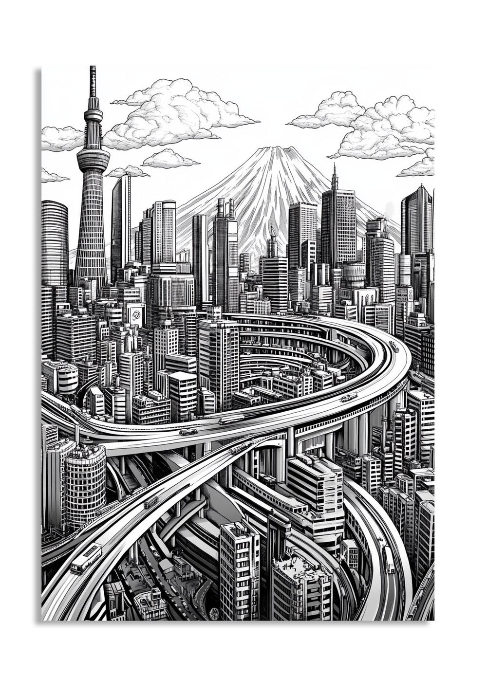 Black and white illustration of a futuristic cityscape with tall buildings and a prominent tower, as a premium aluminum metal print from GoMetalPrint.
