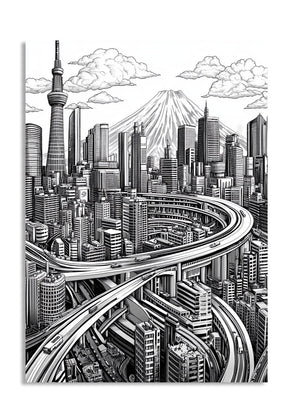 Black and white illustration of a futuristic cityscape with tall buildings and a prominent tower, as a premium aluminum metal print from GoMetalPrint.
