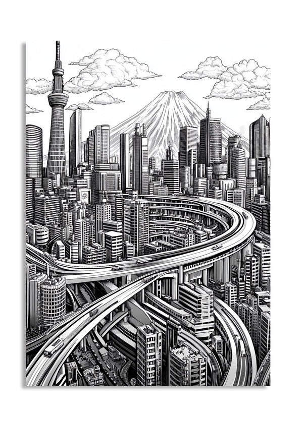 Black and white illustration of a futuristic cityscape with tall buildings and a prominent tower, as a premium aluminum metal print from GoMetalPrint.
