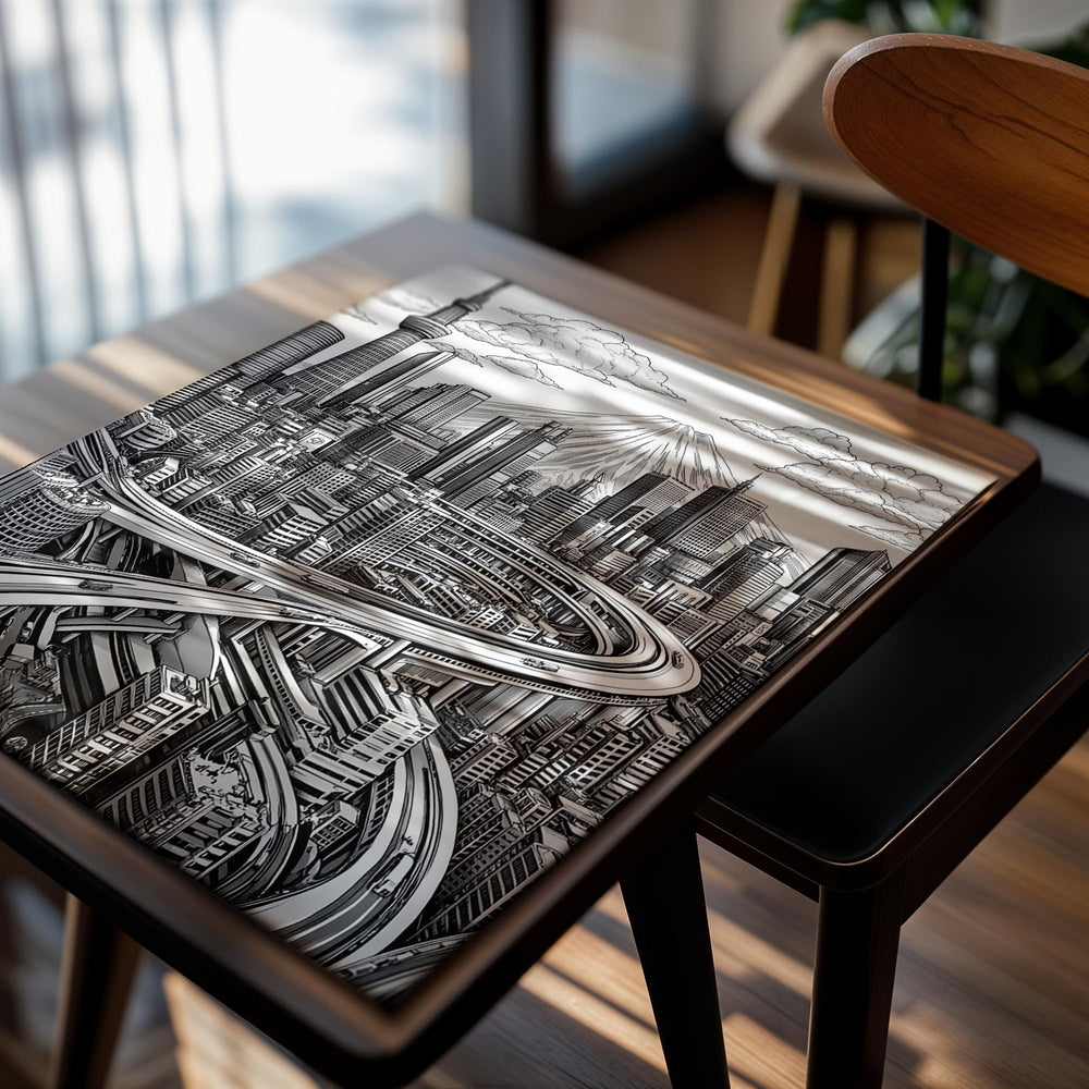 Black and white illustration of a futuristic cityscape with tall buildings and a prominent tower, as a premium aluminum metal print from GoMetalPrint.
