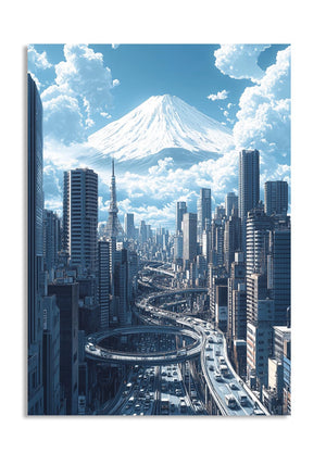 Futuristic cityscape with tall buildings and a snow-capped mountain in the background, as a premium aluminum metal print from GoMetalPrint.

