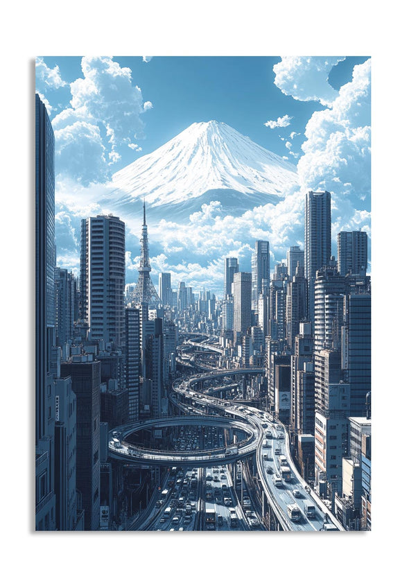 Futuristic cityscape with tall buildings and a snow-capped mountain in the background, as a premium aluminum metal print from GoMetalPrint.
