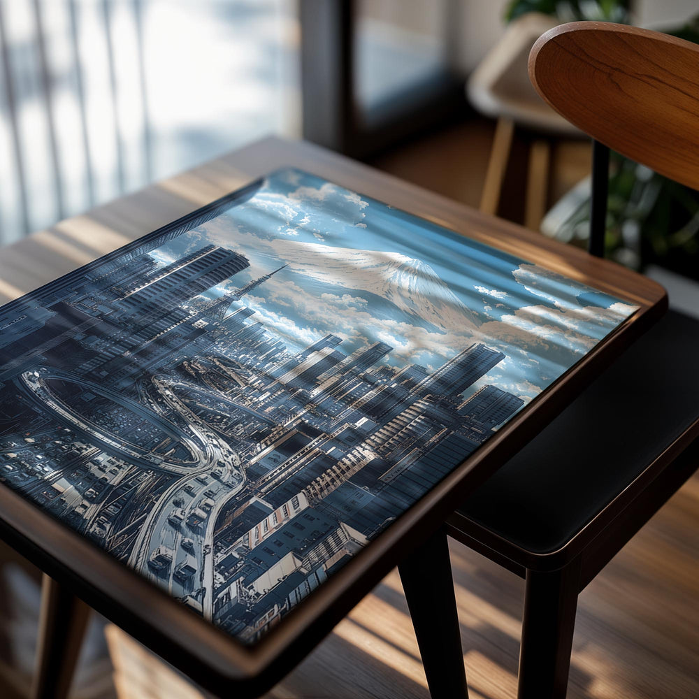 Futuristic cityscape with tall buildings and a snow-capped mountain in the background, as a premium aluminum metal print from GoMetalPrint.
