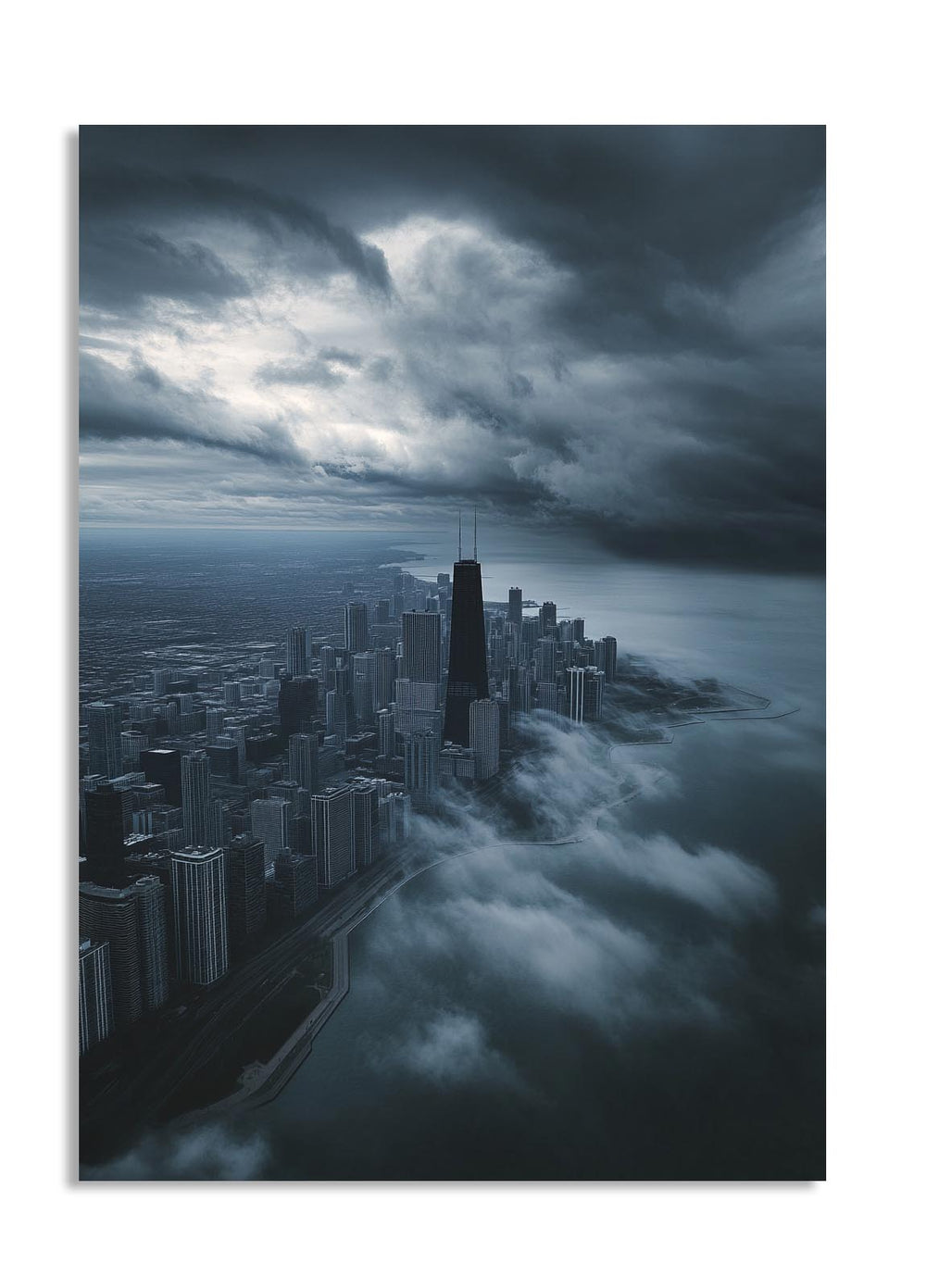 Cityscape with a tall building emerging from clouds under a dark sky, as a premium aluminum metal print from GoMetalPrint.
