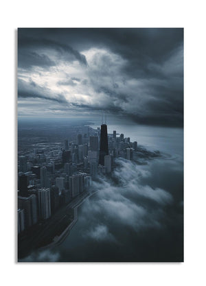Cityscape with a tall building emerging from clouds under a dark sky, as a premium aluminum metal print from GoMetalPrint.
