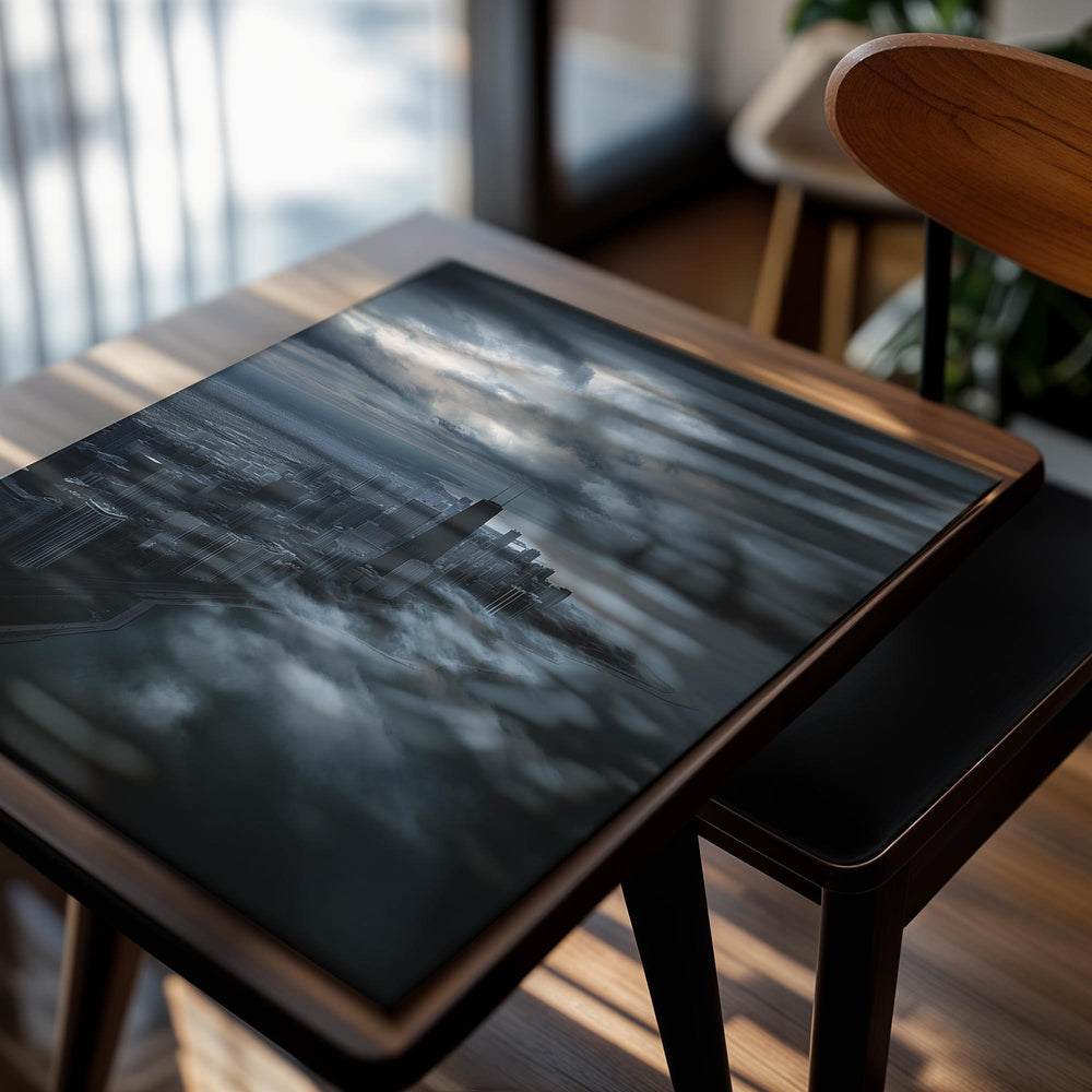 Cityscape with a tall building emerging from clouds under a dark sky, as a premium aluminum metal print from GoMetalPrint.
