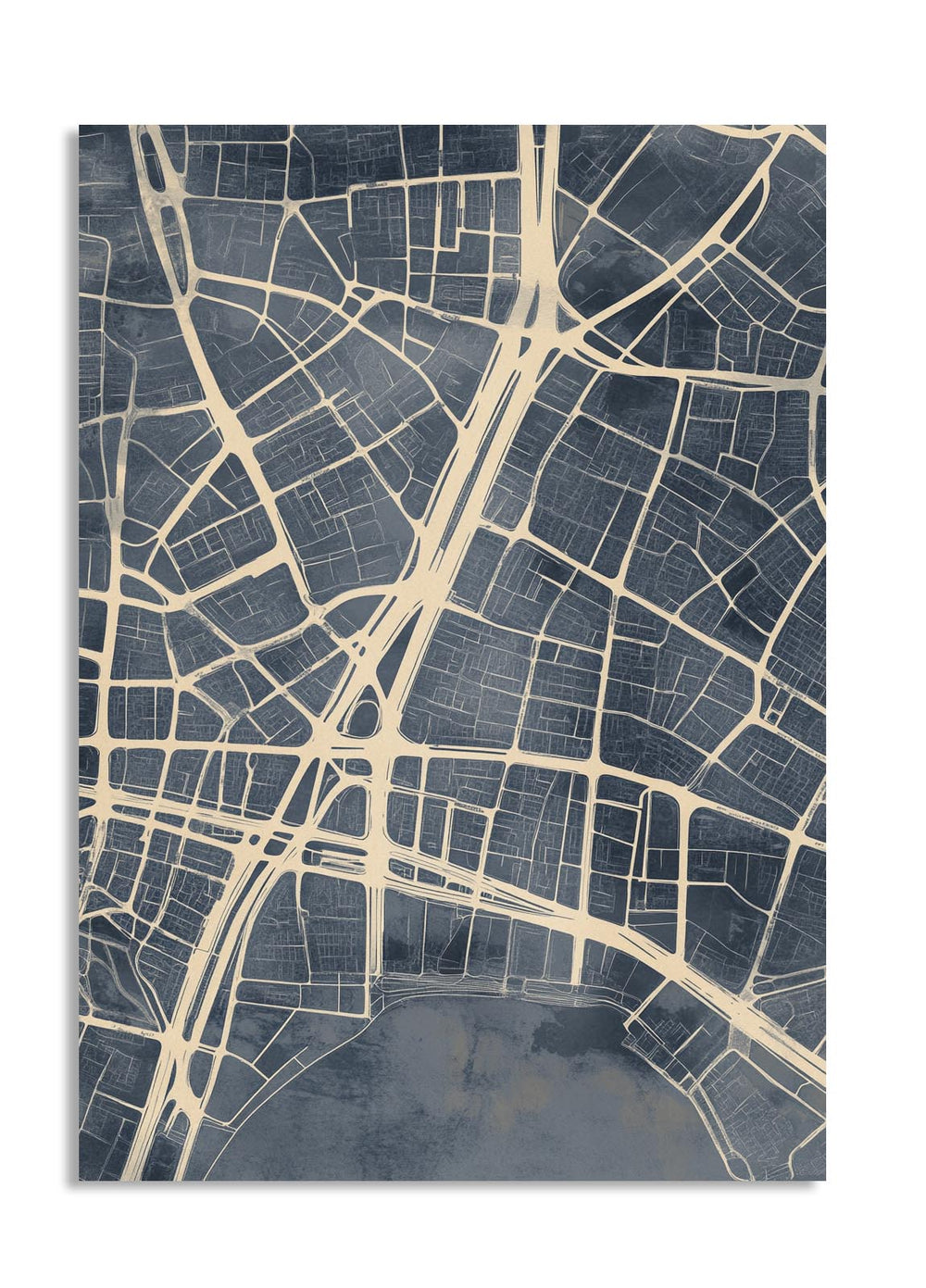 City map poster with a blue and beige color scheme on a white background, as a premium aluminum metal print from GoMetalPrint.
