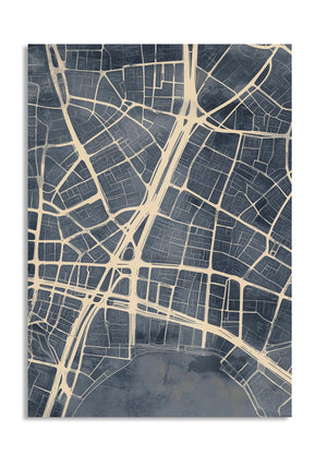 City map poster with a blue and beige color scheme on a white background, as a premium aluminum metal print from GoMetalPrint.
