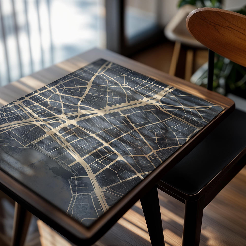 City map poster with a blue and beige color scheme on a white background, as a premium aluminum metal print from GoMetalPrint.
