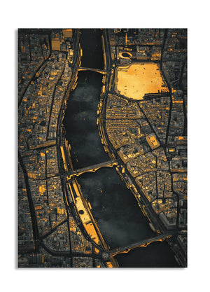 A stylized city map with a dark background and gold accents, as a premium aluminum metal print from GoMetalPrint.
