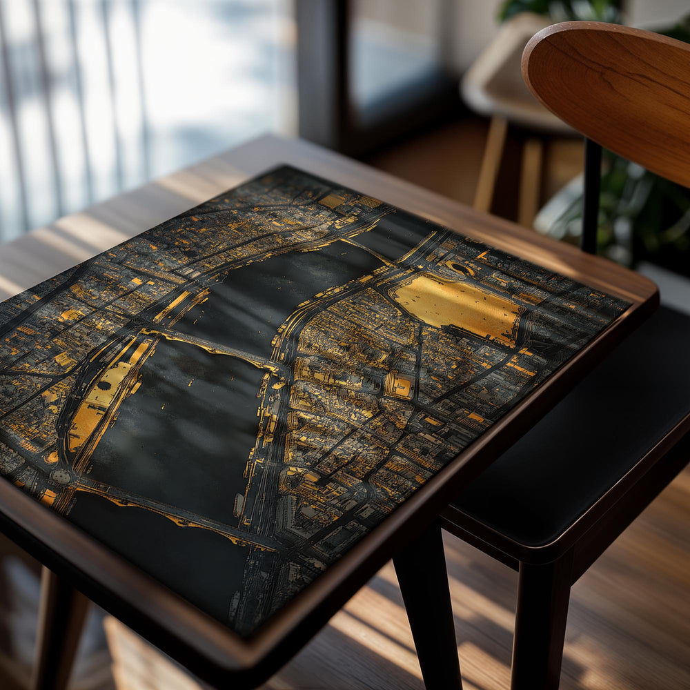 A stylized city map with a dark background and gold accents, as a premium aluminum metal print from GoMetalPrint.
