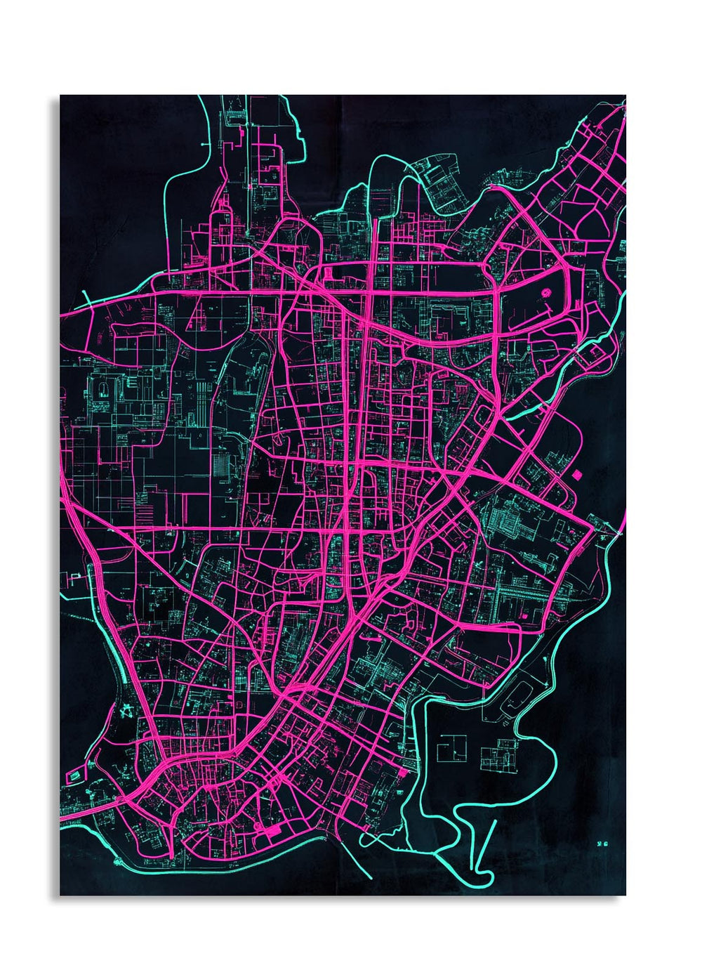 City map with pink and green lines on a black background, as a premium aluminum metal print from GoMetalPrint.
