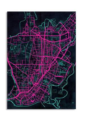 City map with pink and green lines on a black background, as a premium aluminum metal print from GoMetalPrint.

