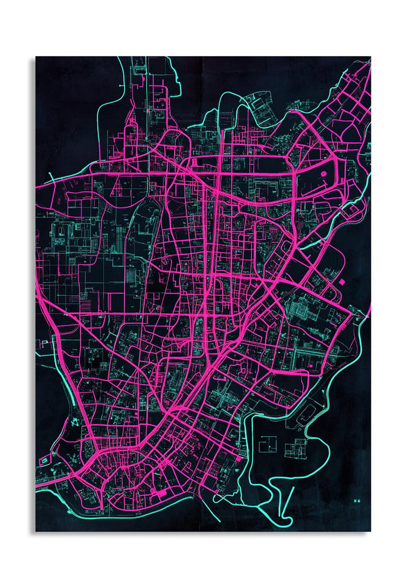 City map with pink and green lines on a black background, as a premium aluminum metal print from GoMetalPrint.
