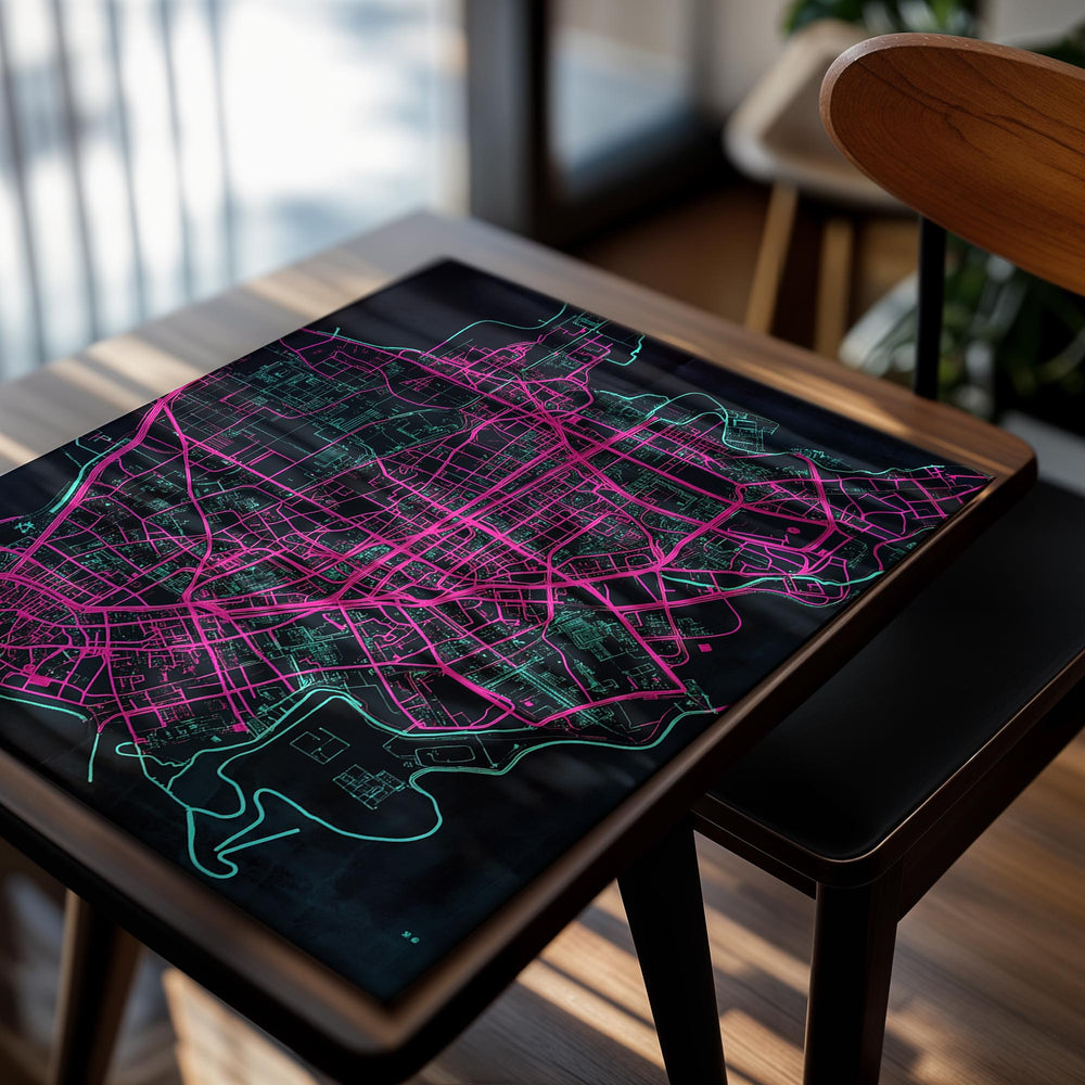 City map with pink and green lines on a black background, as a premium aluminum metal print from GoMetalPrint.

