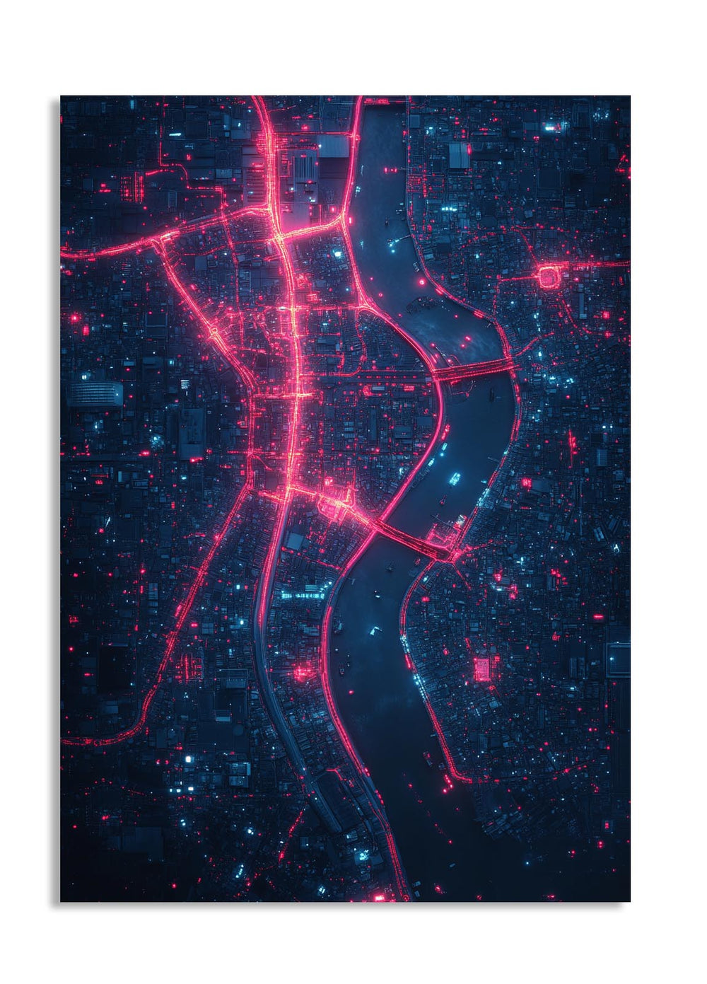 City map with red and blue lights on a dark background, as a premium aluminum metal print from GoMetalPrint.
