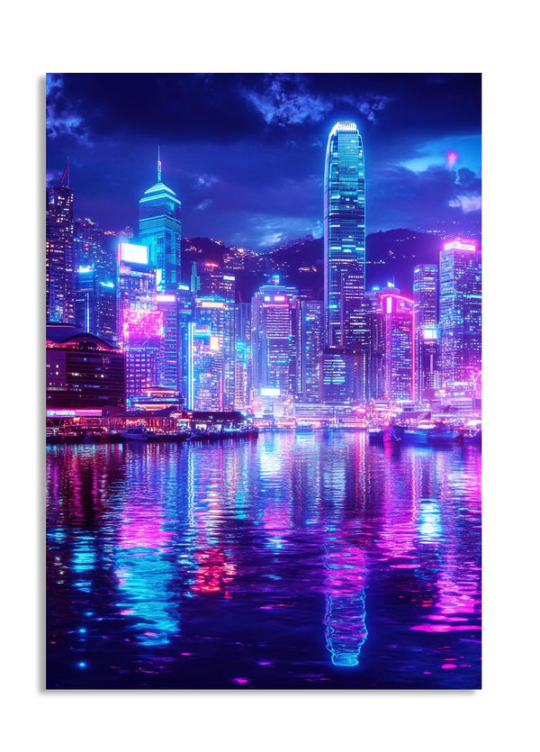 vibrant city skyline at night with colorful reflections on water, as a premium aluminum metal print from GoMetalPrint.
