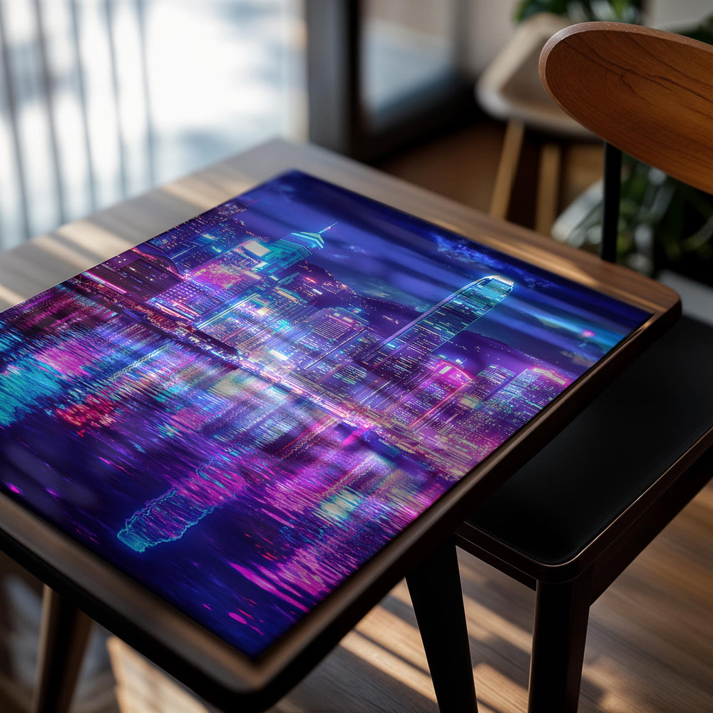  vibrant city skyline at night with colorful reflections on water, as a premium aluminum metal print from GoMetalPrint.
