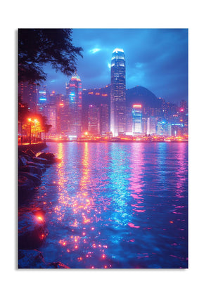 City skyline at night with illuminated buildings reflected in water, as a premium aluminum metal print from GoMetalPrint.
